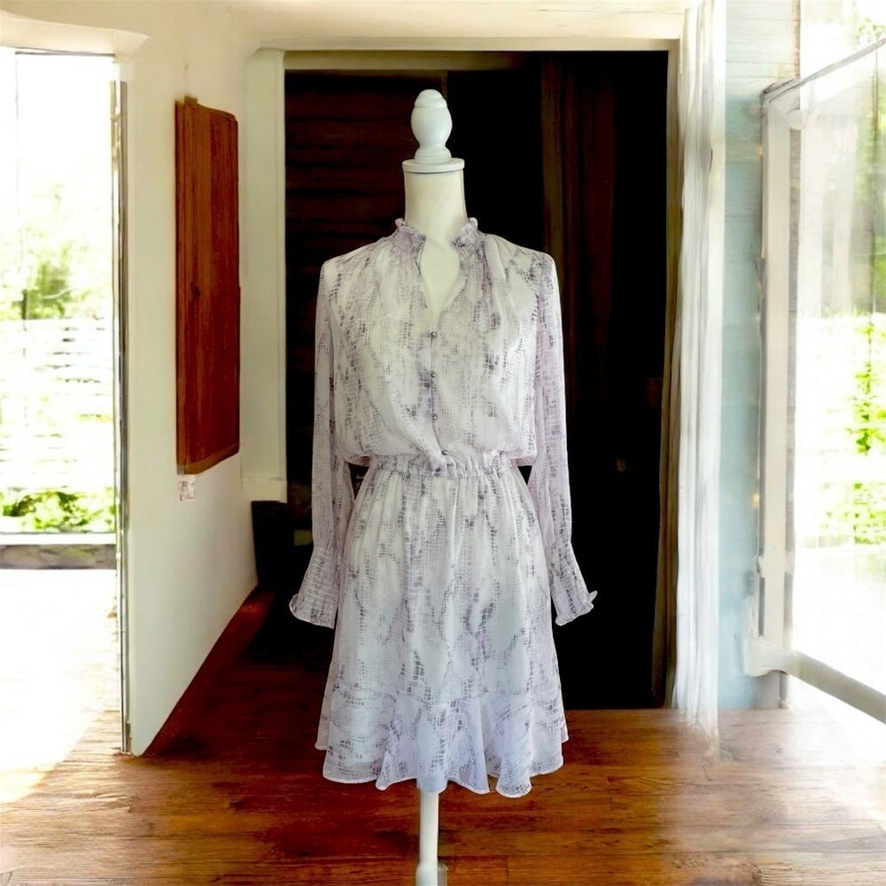 WHBM Lavender & White Snake Print Long Sleeve Blouson Dress Ruffle Neckline Sz 6